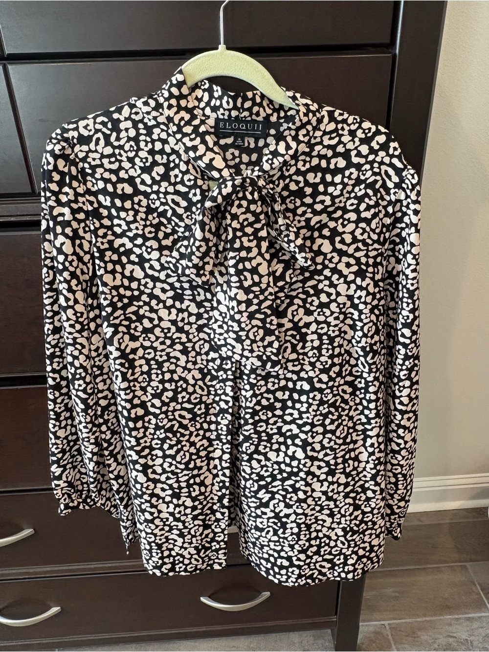Eloquii Black and Cream Animal Print Tie-Neck Blouse